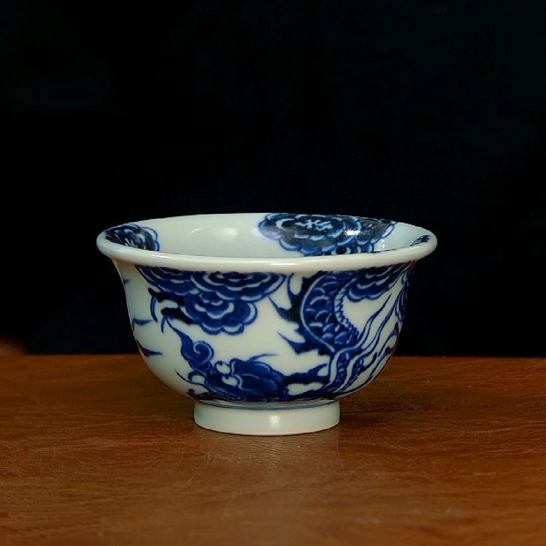 景德镇柴窑枢府釉过墙龙纹压手杯 80cc 畅元柴窑手工手绘高端茶具