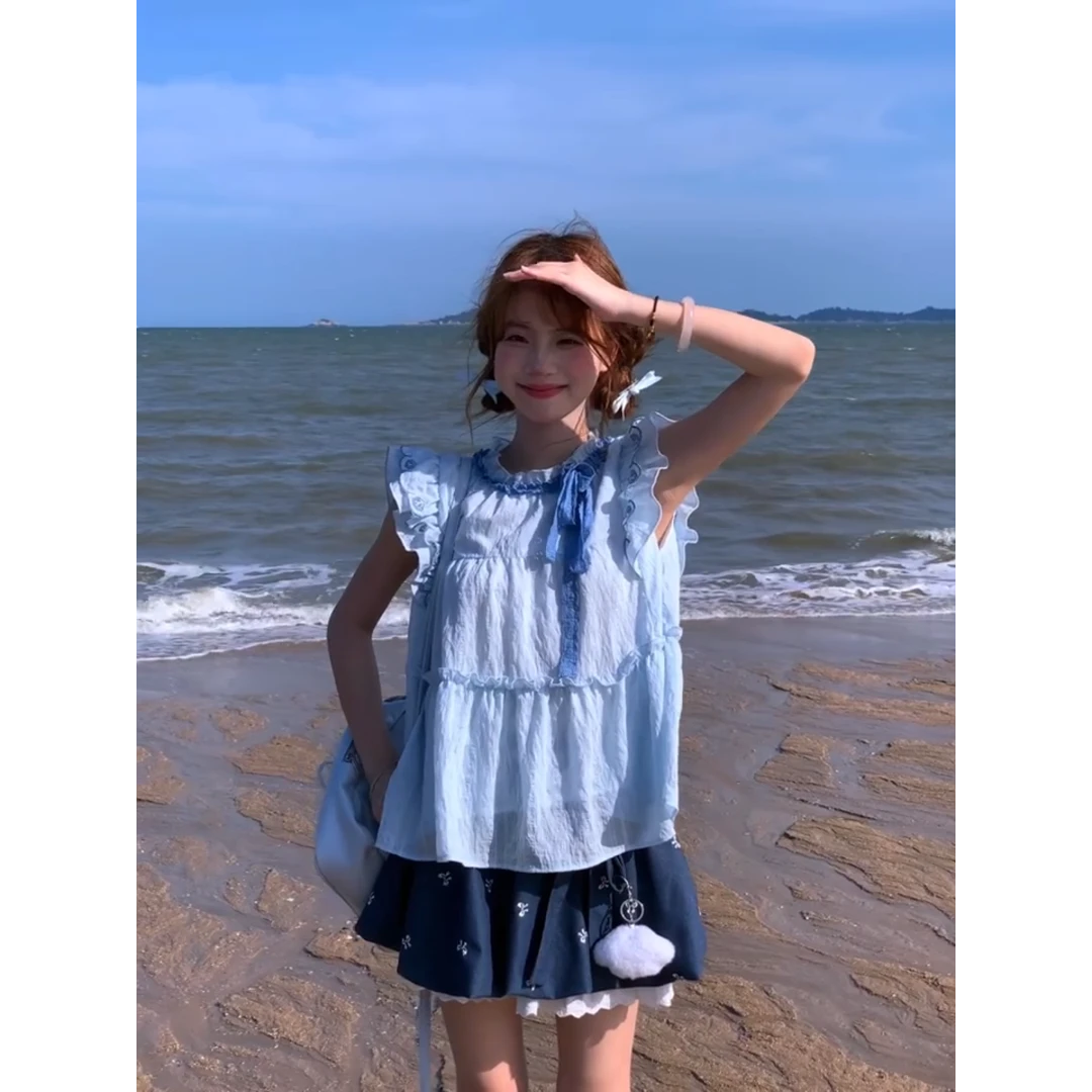 parkyeon韩系甜美可爱风套装设计感系带飞飞袖上衣绝美小短裙潮