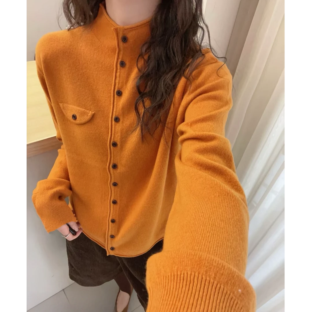 【橘色】欧货假口袋气质针织开衫女毛衣外套气质单排扣宽松上衣