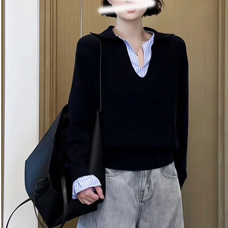 2025早春小众设计款假两件撞色拼接条纹针织衫小众炸街高级感上衣