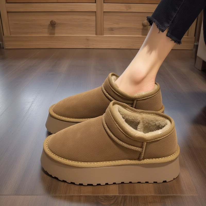 厚底雪地靴女2025新款冬季皮毛一体加绒加厚短筒防滑舒适软底棉鞋