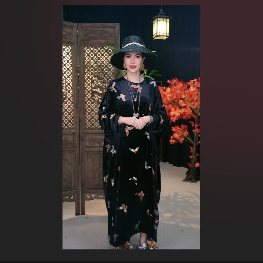【淑蝶】阔太太时髦女装妈妈装秋冬季气质款国风真丝丝绒连衣裙