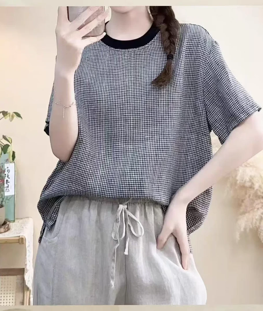 女神T汉麻亚麻圆领短袖T恤春夏简约条纹格纹文艺气质百搭上衣