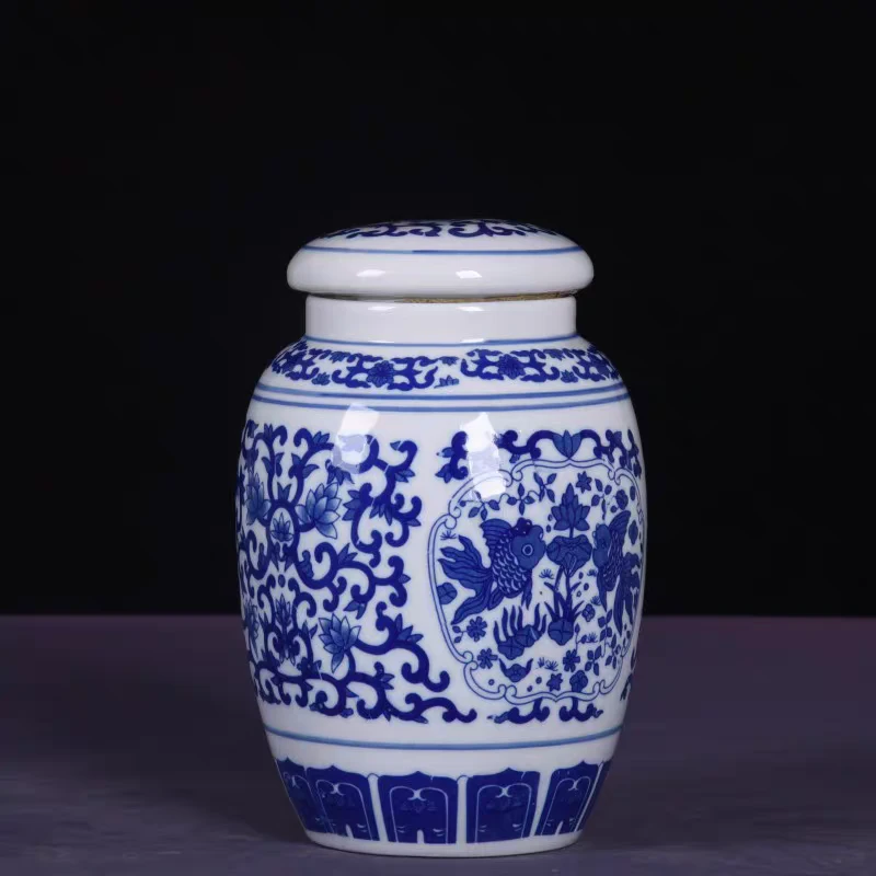 高度19口径8景德镇陶瓷青花鱼藻纹茶叶罐185