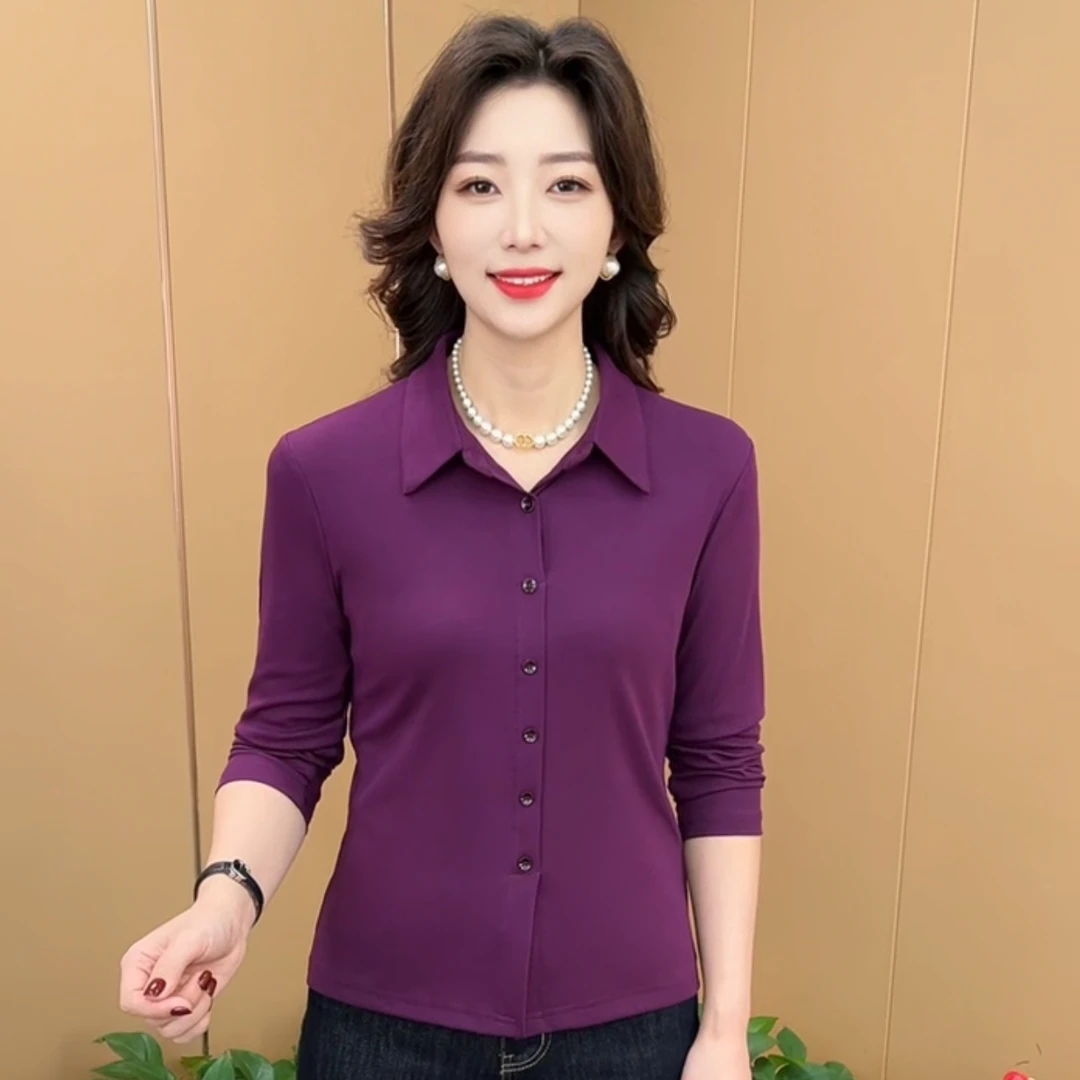 秋季新款时尚翻领纯色简约休闲t恤修身显瘦洋气长袖上衣K55109