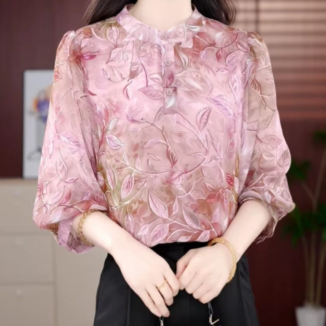 2025春甜美粉色洋气七分袖重工显瘦圆领衬衫袖长袖修身时尚