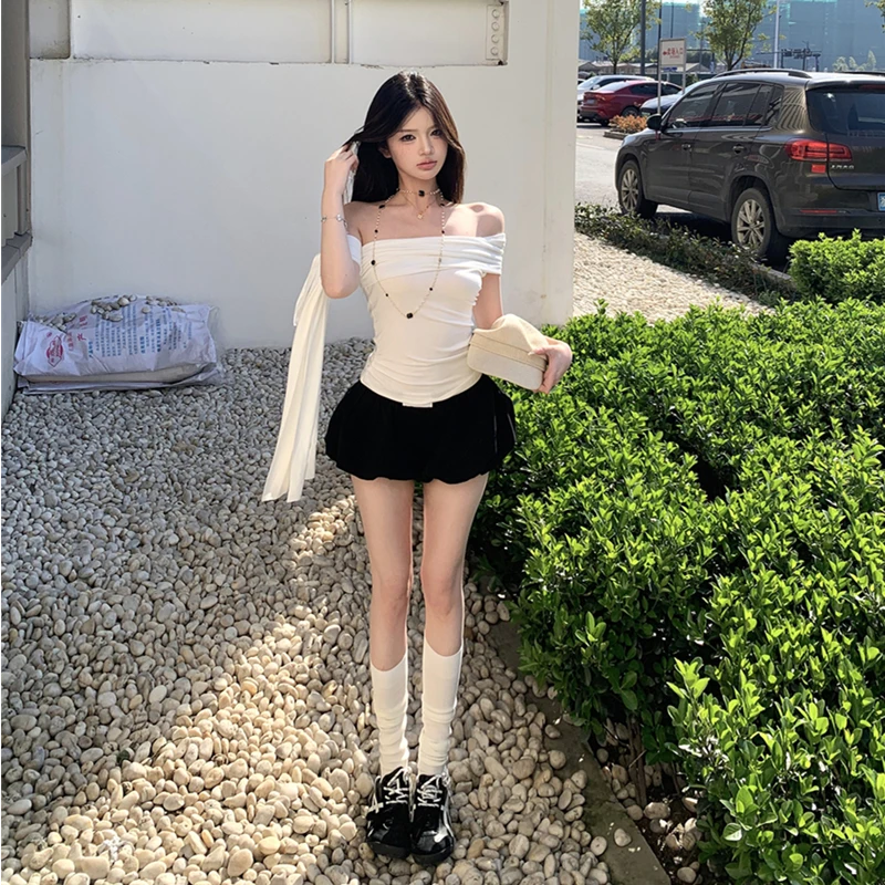 设计感一字肩飘带白色T恤女夏季性感辣妹风修身百搭显瘦短袖上衣