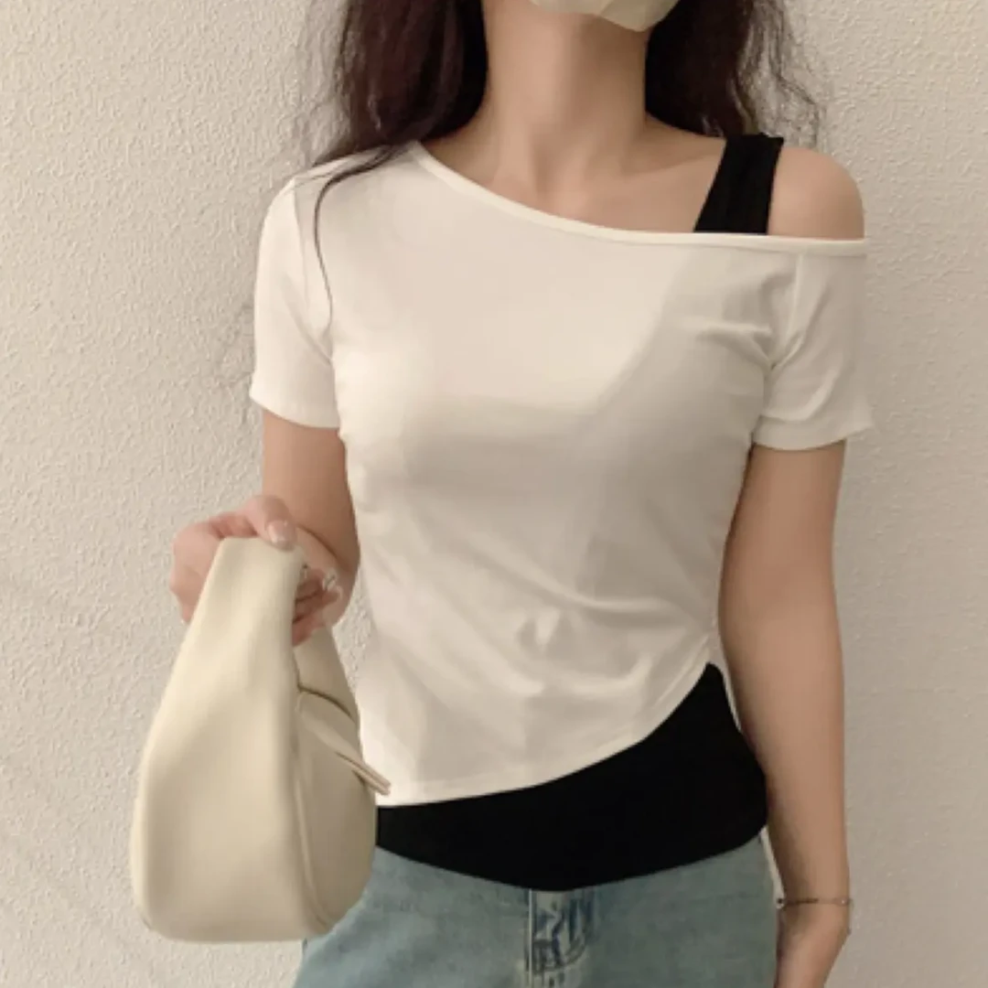 5155【衣长51】短袖t恤上衣女装夏休闲设计感辣妹风纯欲风修身
