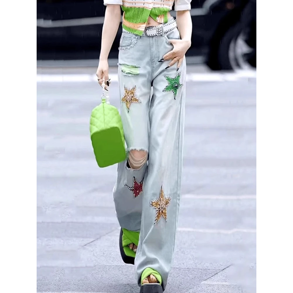 设计感重工镶钻星星破洞牛仔裤女夏新款宽松显瘦高腰阔腿直筒长裤