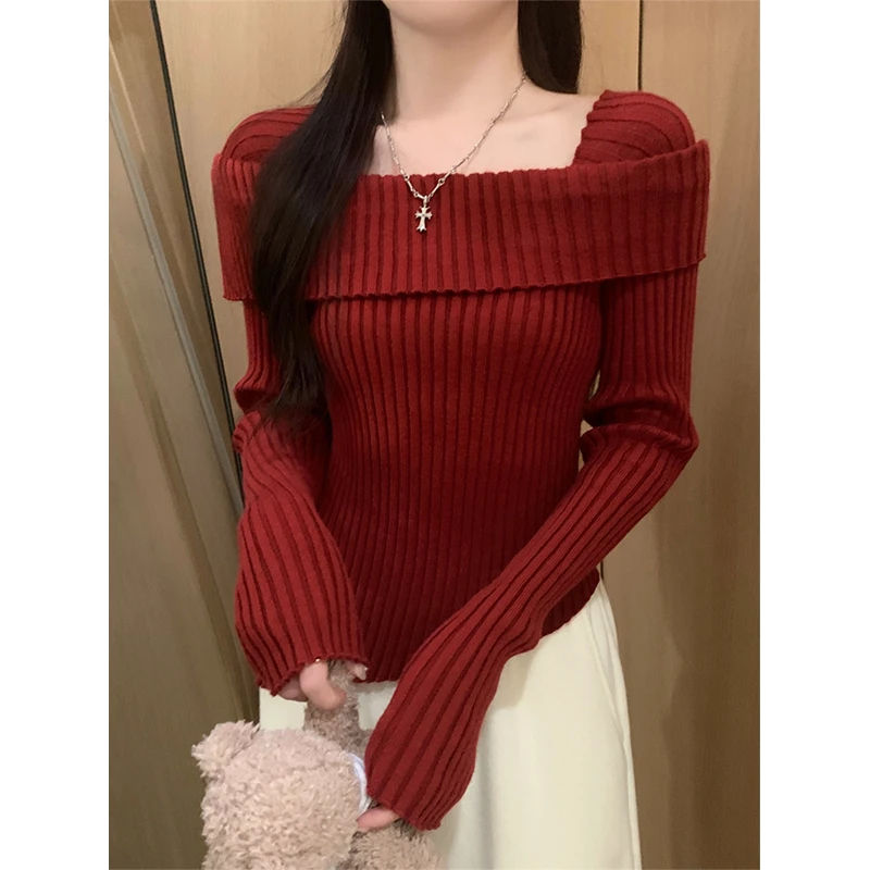 【运补6米】2025秋冬穿搭新款法式一字肩毛衣慵懒风露肩内搭针织衫
