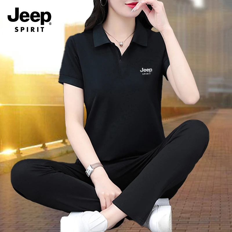 JEEP吉普冰丝休闲运动套装女夏季2025中年妈妈名牌polo衫两件套