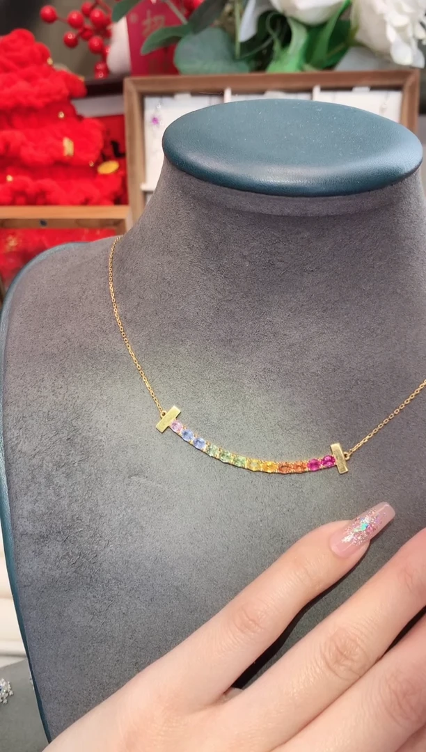 项链彩色蓝宝石18K金镶嵌3.17ct/天然宝石/七天无理由