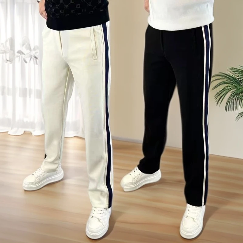 条纹男士百搭休闲宽松阔腿裤时尚织带舒适直筒裤欧货爆款秋季卫裤