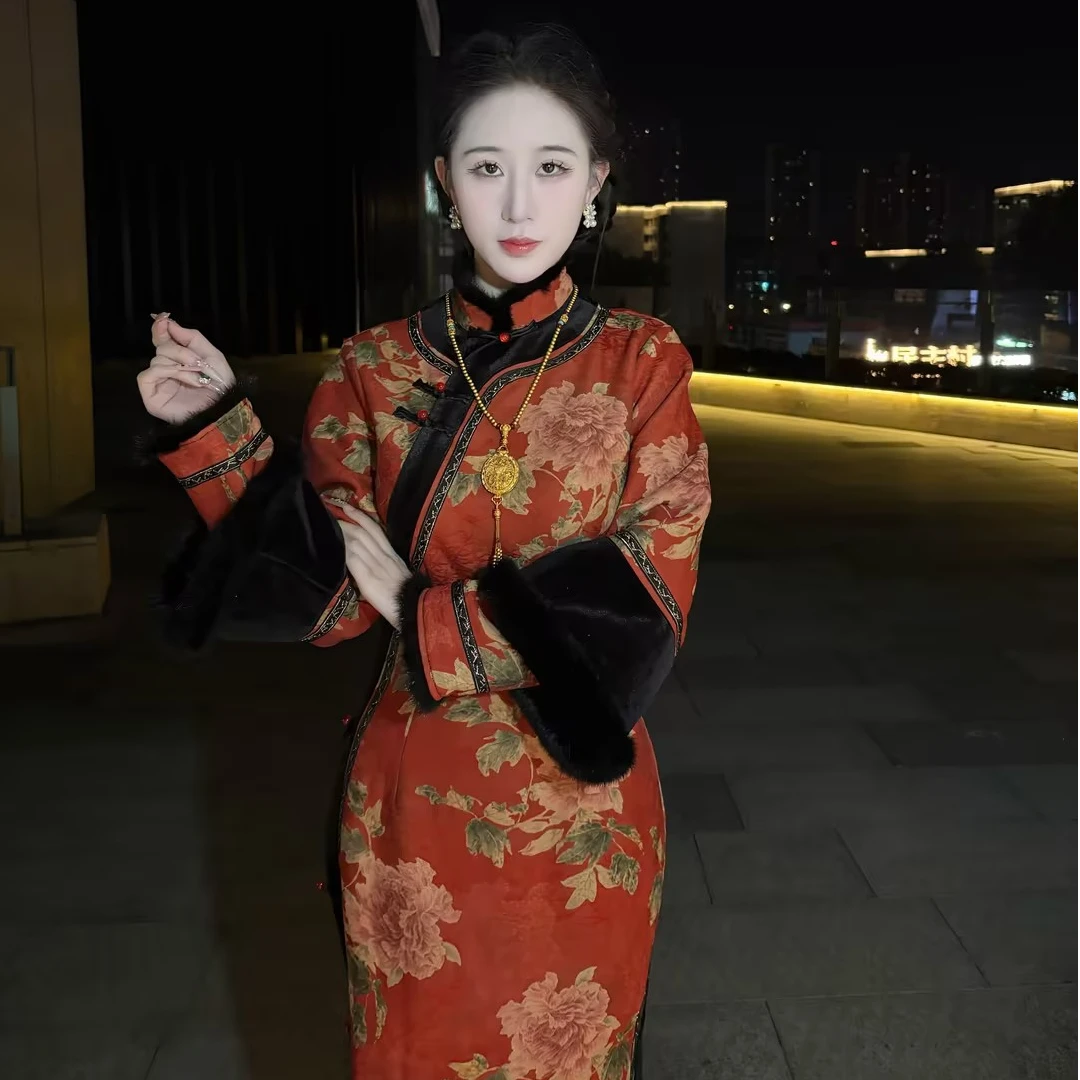 LHMknk1画报夫人原创气质针织提花改良旗袍 清宫留红美人倒大袖