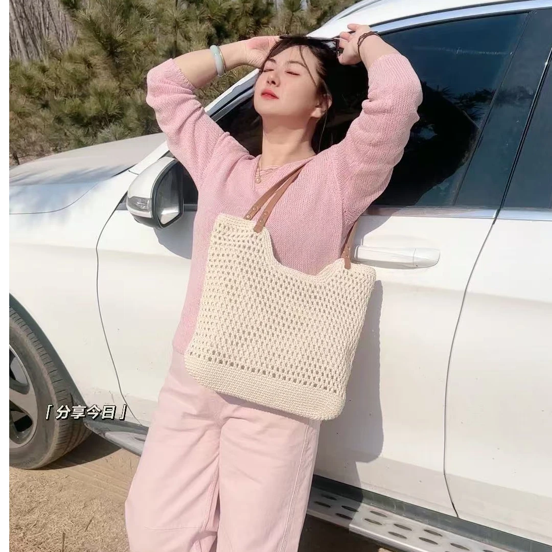 B02休闲编织镂空单肩包2025新款夏季度假旅游网纹托特包编织包