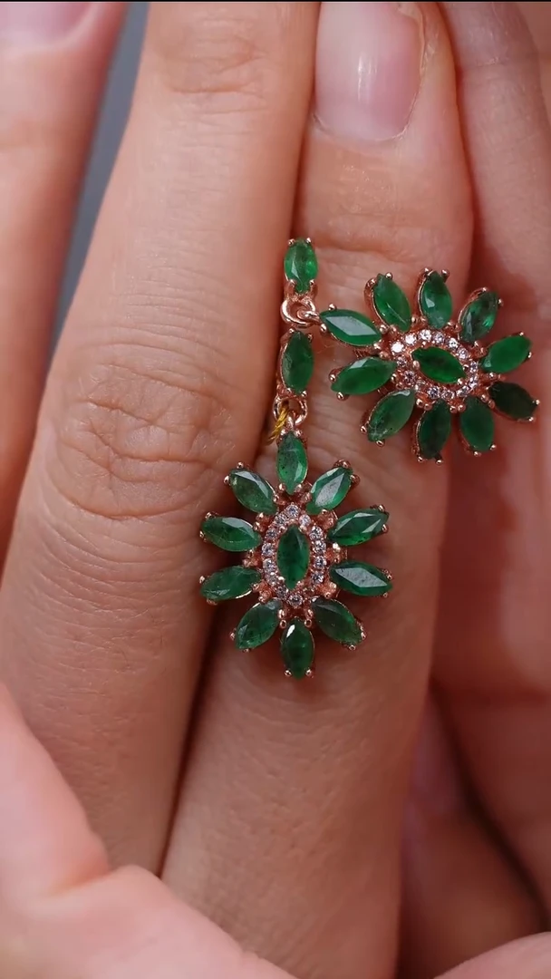 耳饰银S925镶嵌祖母绿耳饰