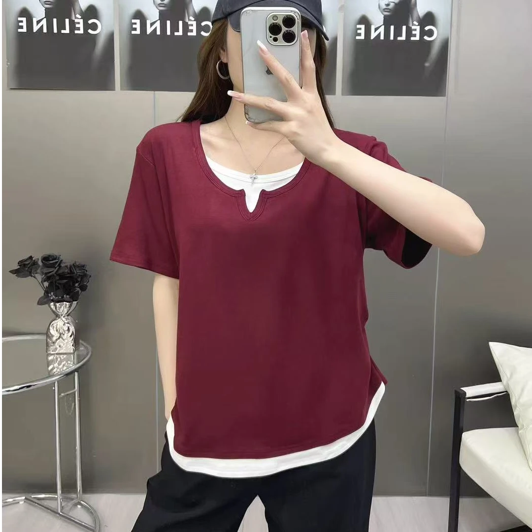 7【成姐甄选】女夏休闲显瘦百搭洋气弹力假两件T恤短袖（62长胸120）