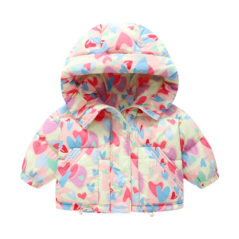 【高充绒量】【粉色爱心三防羽绒外套】婴儿童连体衣服宝宝羽j11
