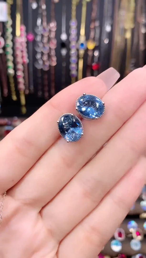 海蓝宝石耳坠银S925镶嵌银色810