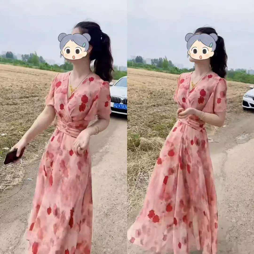 气质优雅v领碎花连衣裙女夏季新款褶皱收腰显瘦高级感漂亮长裙子