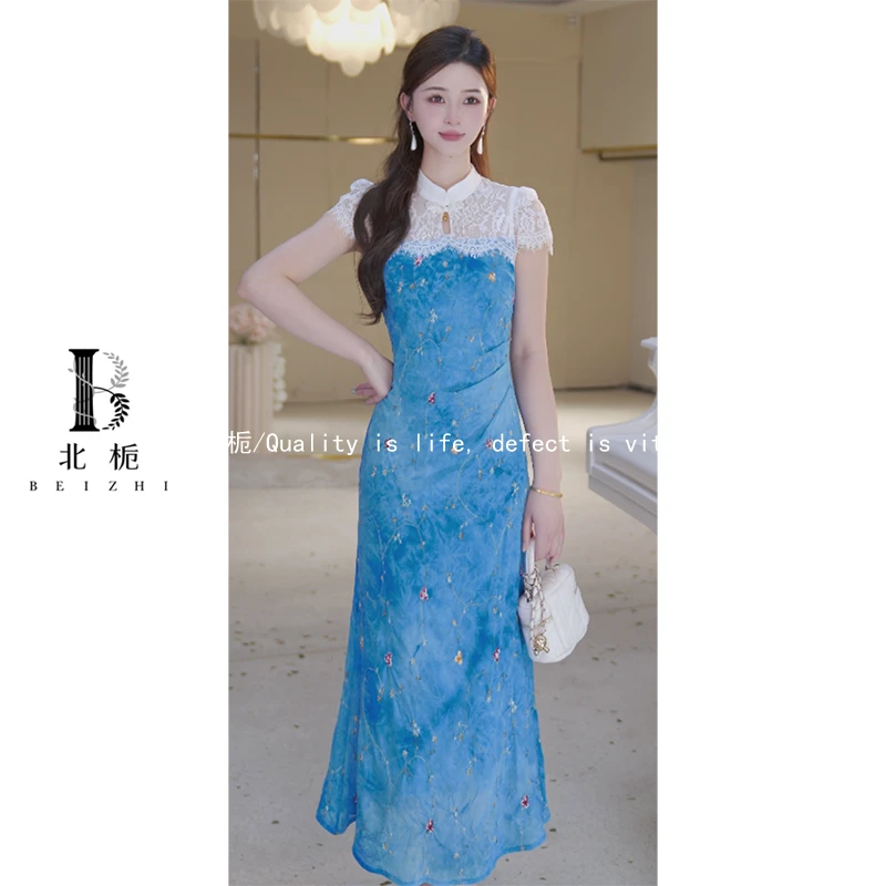 【北栀】新款重工彩色蝴蝶蕾丝拼接旗袍连衣裙 814601