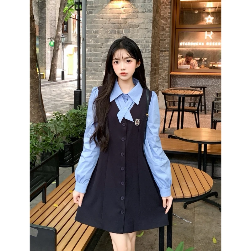 大码胖mm假两件polo领西装连衣裙女2025秋季新款学院风减龄a字裙