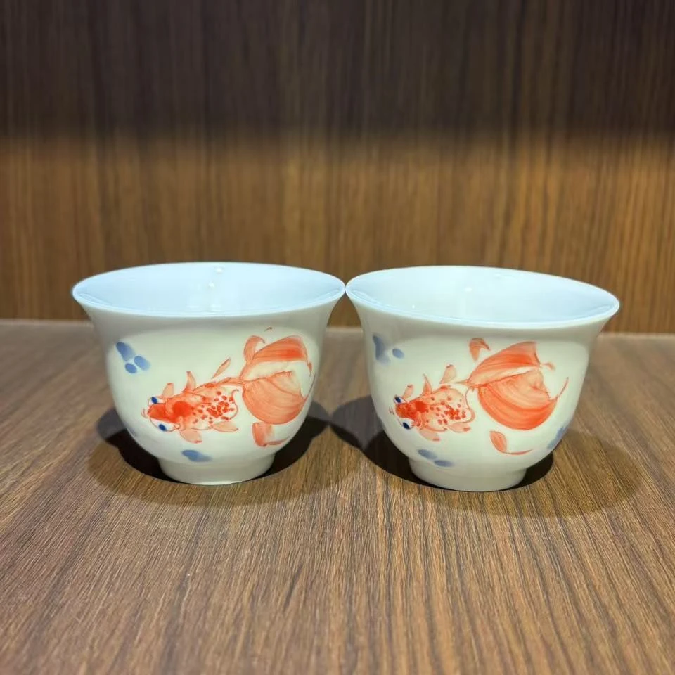 景德镇陶瓷红金鱼杯一对