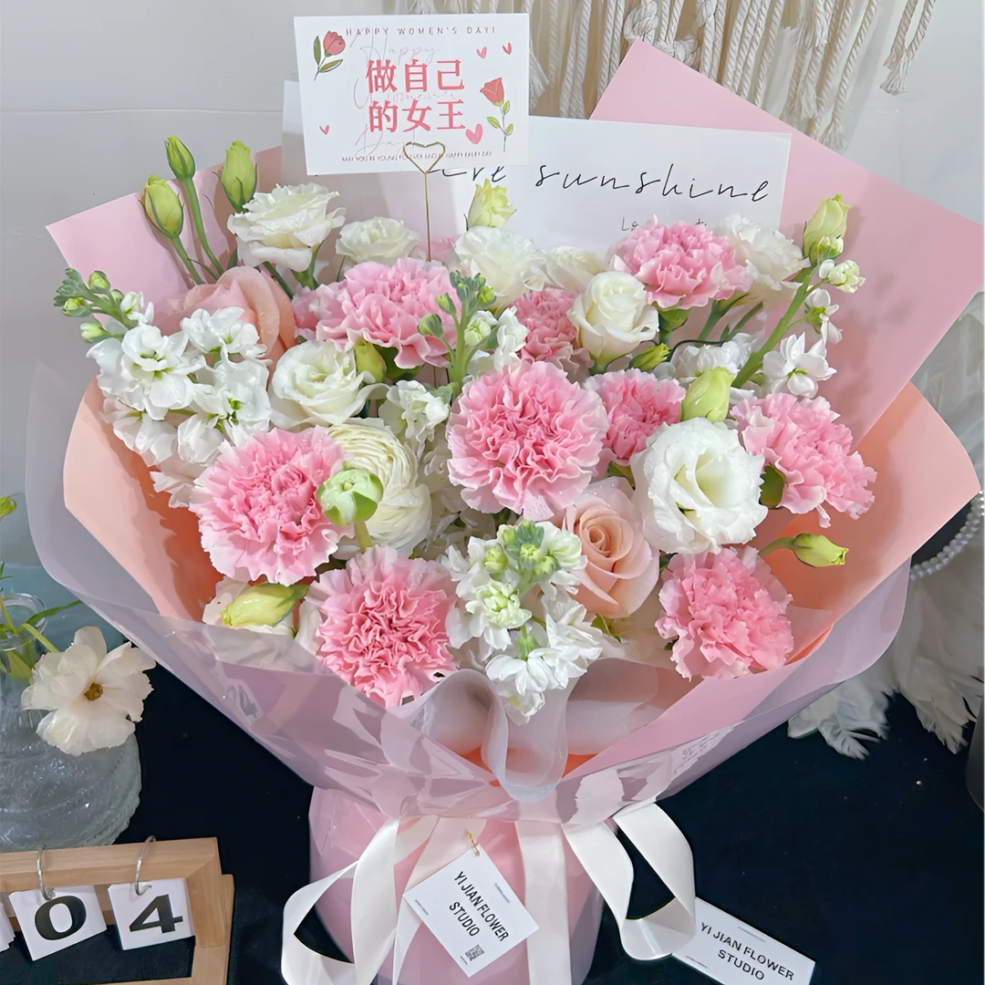 【浪漫邂逅】母亲节鲜花11枝粉康乃馨混搭2枝粉玫瑰桔梗紫罗兰花束4191款鲜花小时达同城配送送妈妈长辈