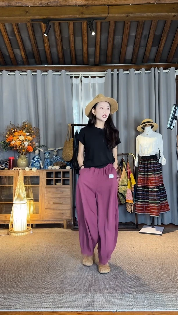 设计师款紫色亚麻束口裤