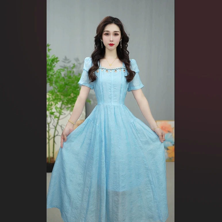 N526(现货)蓝色夏季爆款时尚洋气短袖法式显瘦气质修身连衣裙5821