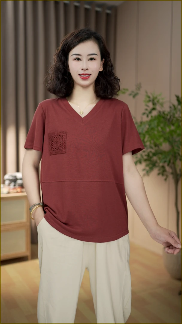 女士花边法式短袖时尚打底圆领洋气大码V领T恤休闲风夏季百搭