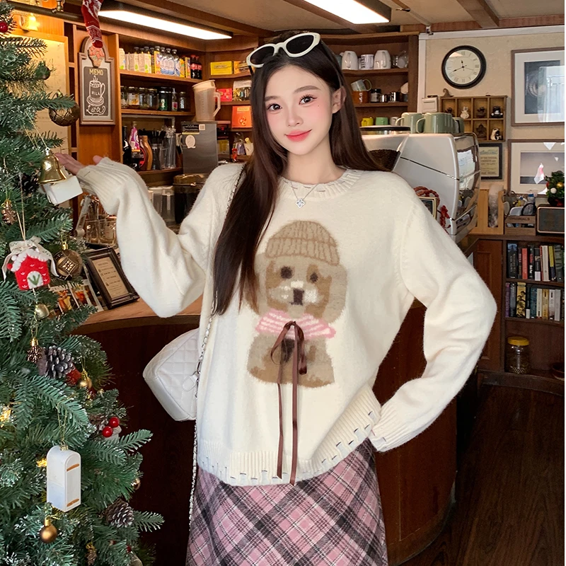 2026春装新款胖mm大码甜美减龄卡通小狗软糯毛衣长袖上衣72216