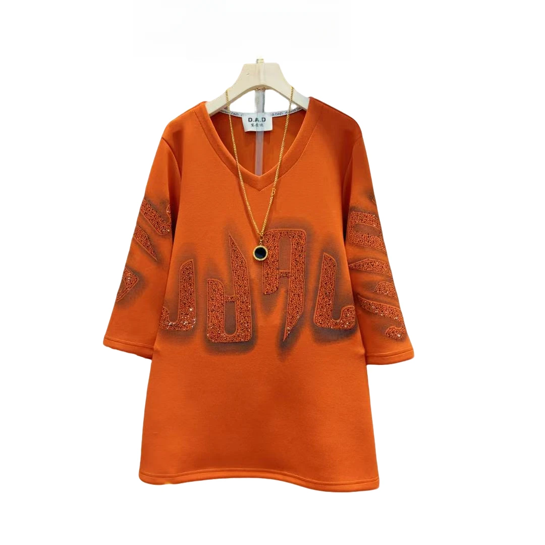 大码胖妹妹欧货晕染风烫钻T恤宽松遮肉显瘦时尚休闲百搭气质短袖