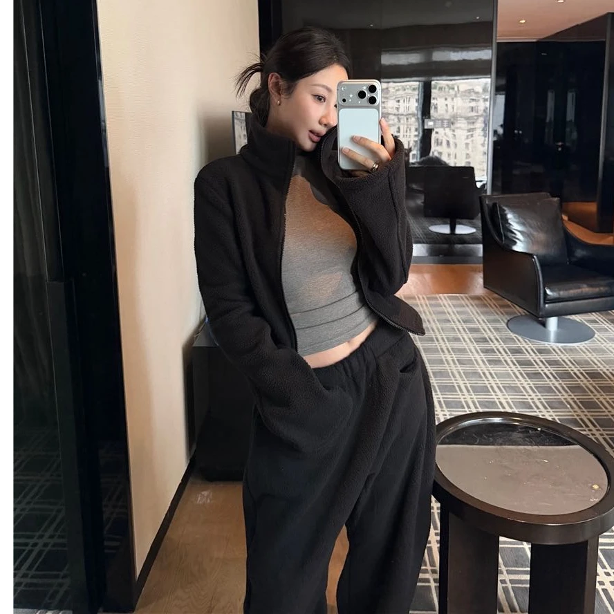 秋冬韩版高级感小香慵懒风气质休闲立领上衣外套长裤两件套装显瘦