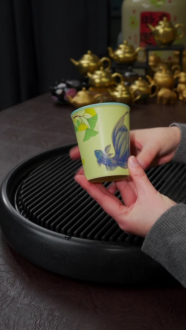 【闪购商品】杯【宜景窑手绘银杏蝶尾鱼】手绘可乐杯