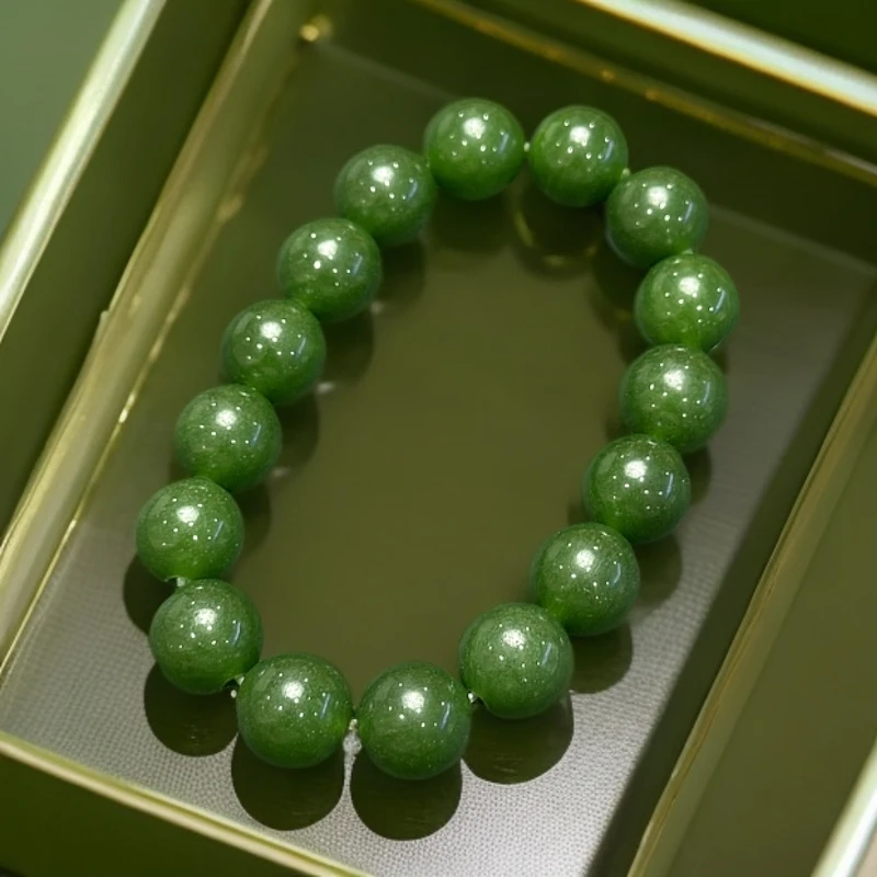 天然和田玉俄罗斯碧玉菠菜绿卡12手串 A0155