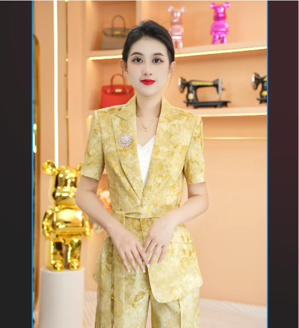 9872夏天新款短袖气质高级定制直筒裤修身版西装套装外套长裤