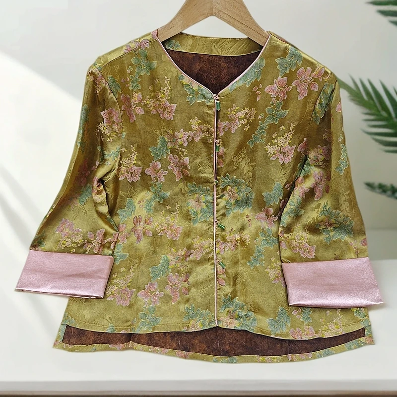 1634高级新中式百搭复古提花圆领外套