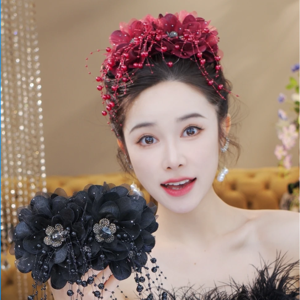 冬季新款原创设计风经典小众气质百搭款珠珠花花流苏抓夹2154