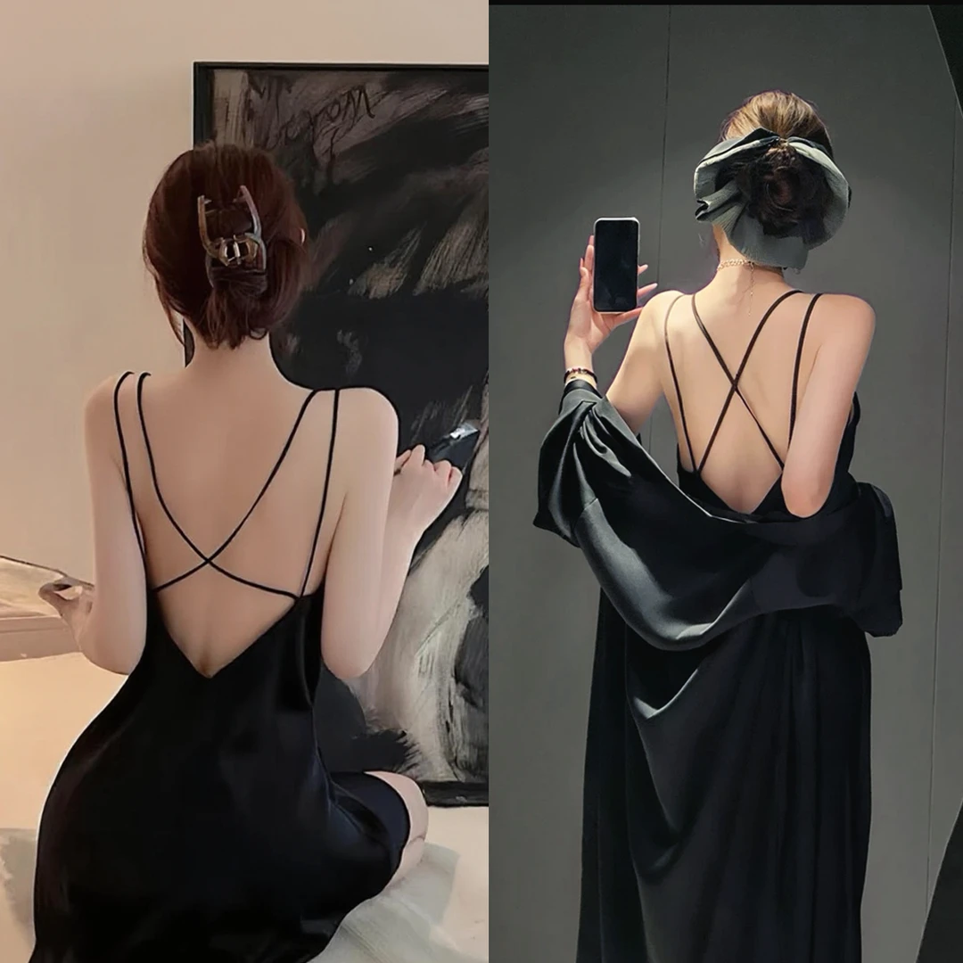 高级感【月光女神】法式吊带长裙显瘦气质后背交叉性感秋季缎面轻奢