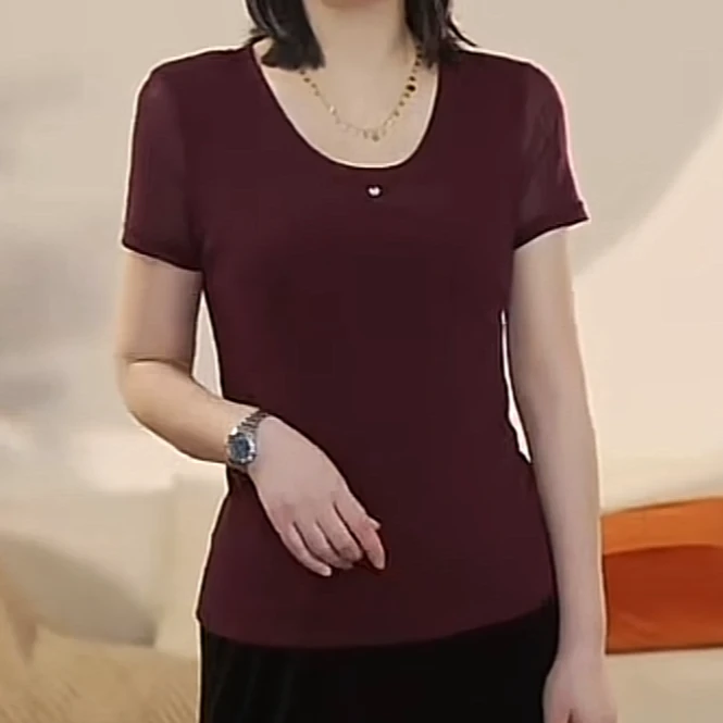 【曼姐定制】简约风2025春夏修身纯色圆领套装气质百搭t恤2623显瘦