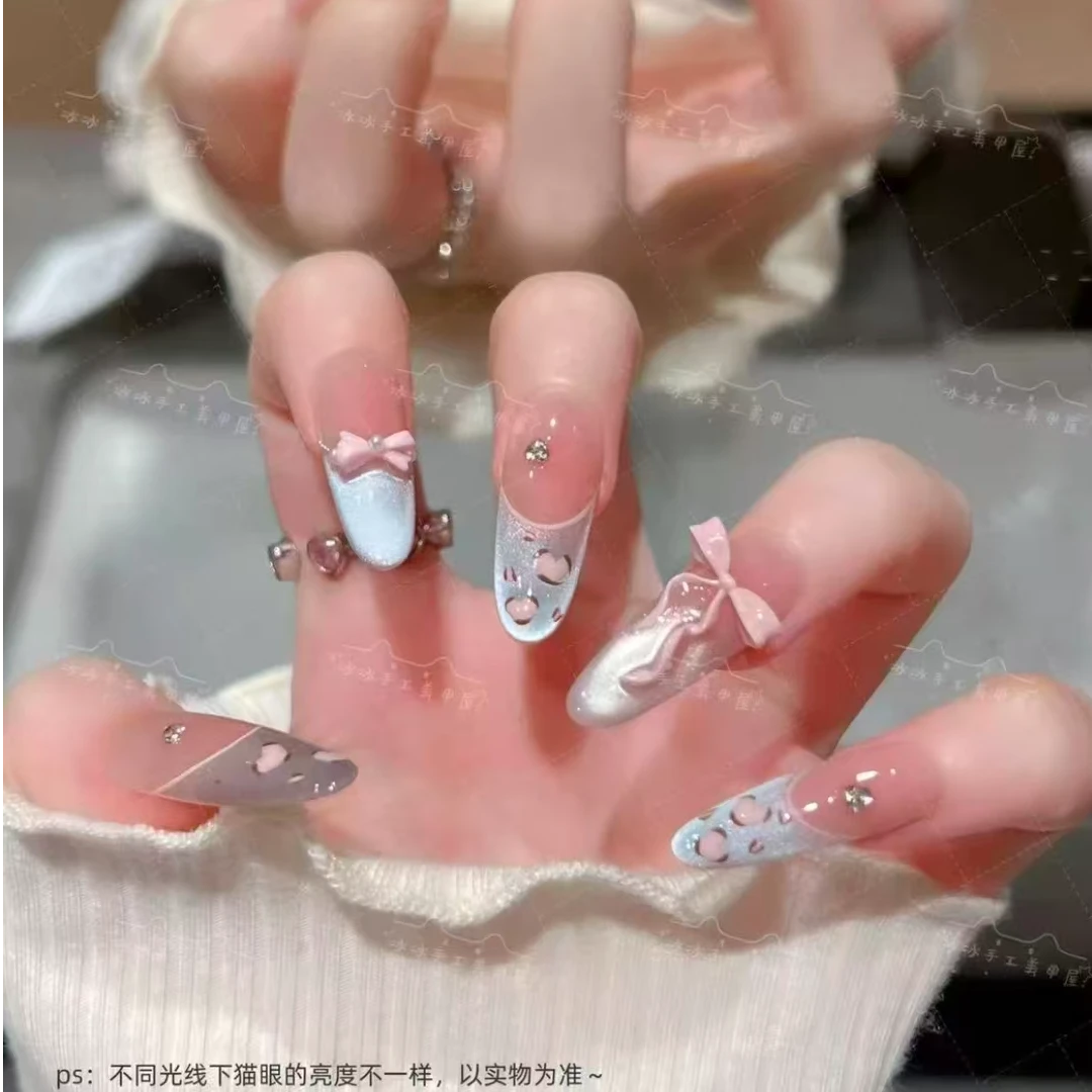 【奶蓝小豹】春夏甜美海盐豹纹法式渐变蝴蝶结手工穿戴甲显白高级感