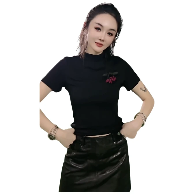 早秋新款半高领短袖弹力打底衫T恤网红半袖