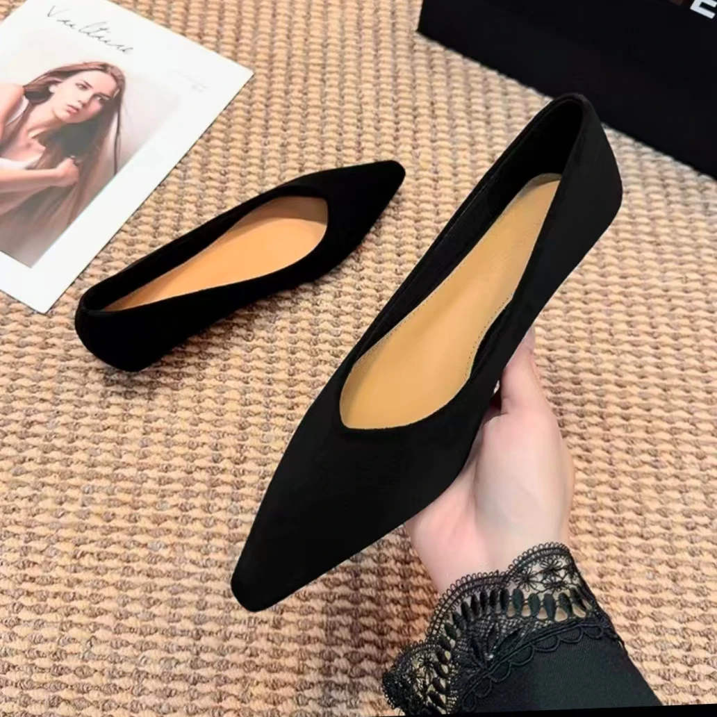 一脚蹬修面胶粘薄款尖头低跟单鞋气质黑色百搭女鞋细跟职场休闲风