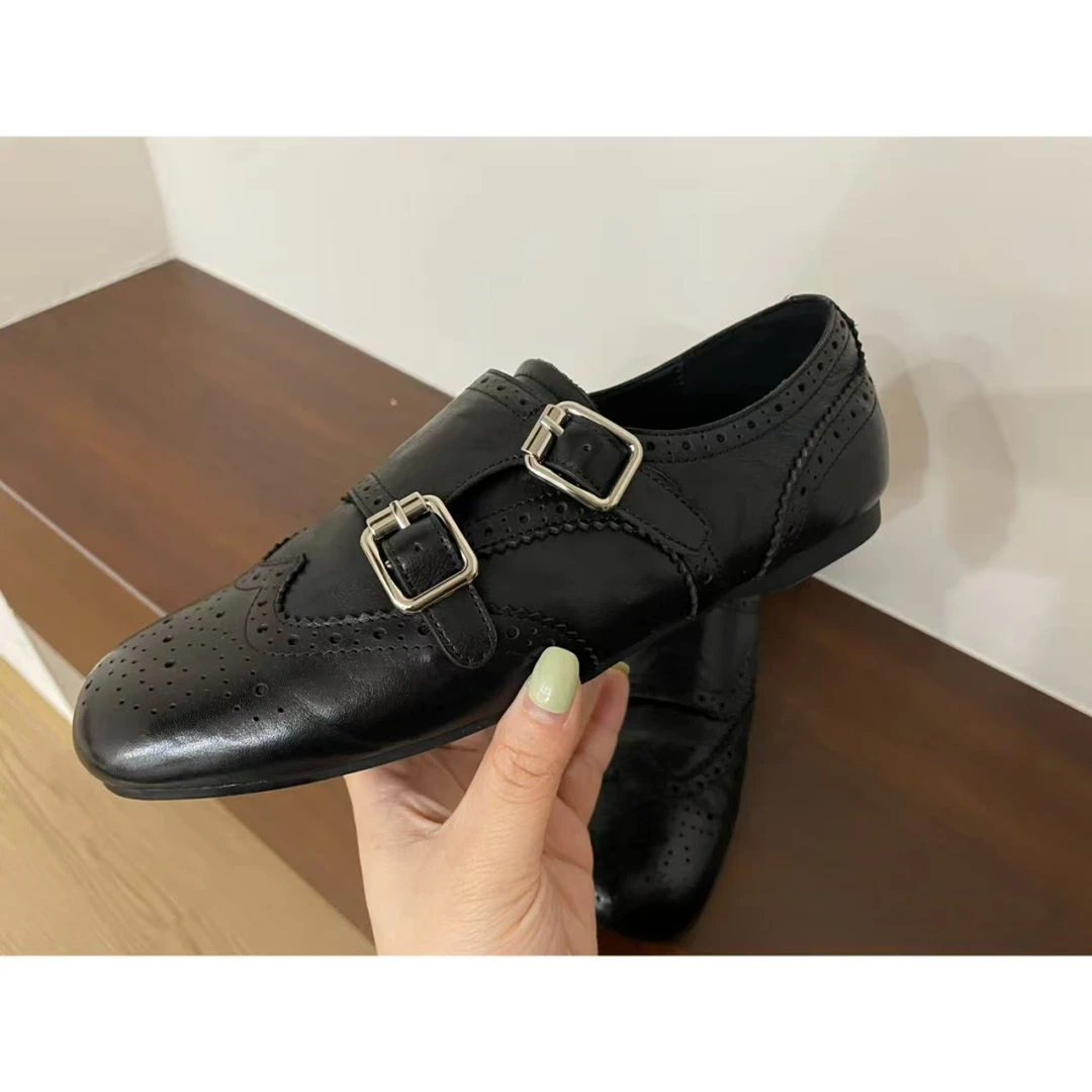 牛皮版英伦风真皮乐福鞋女双扣带雕花加绒平单鞋百搭复古小皮鞋女