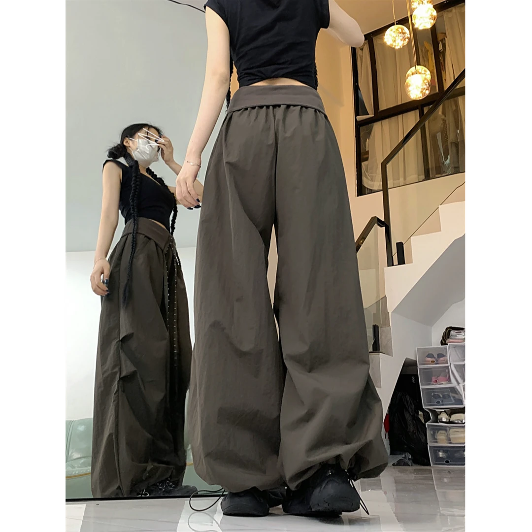 设计感假两件拼接翻边休闲裤女夏季美式辣妹工装长裤宽松阔腿裤子