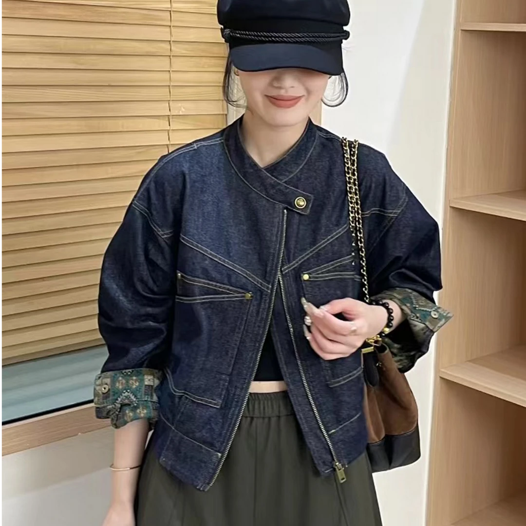 复古立领拉链牛仔短外套女2025秋季新款宽松减龄百搭休闲夹克上衣