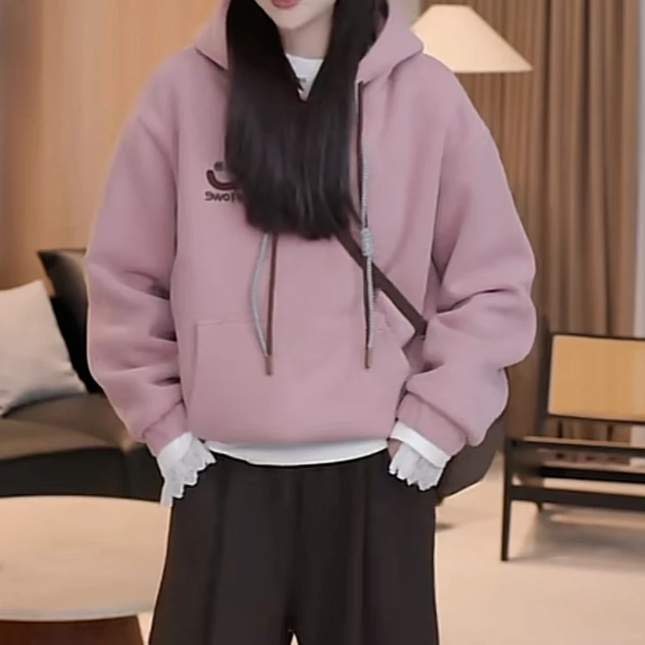 设计感字母连帽笑脸加绒卫衣女冬季新款时尚休宽松闲洋气绒11842