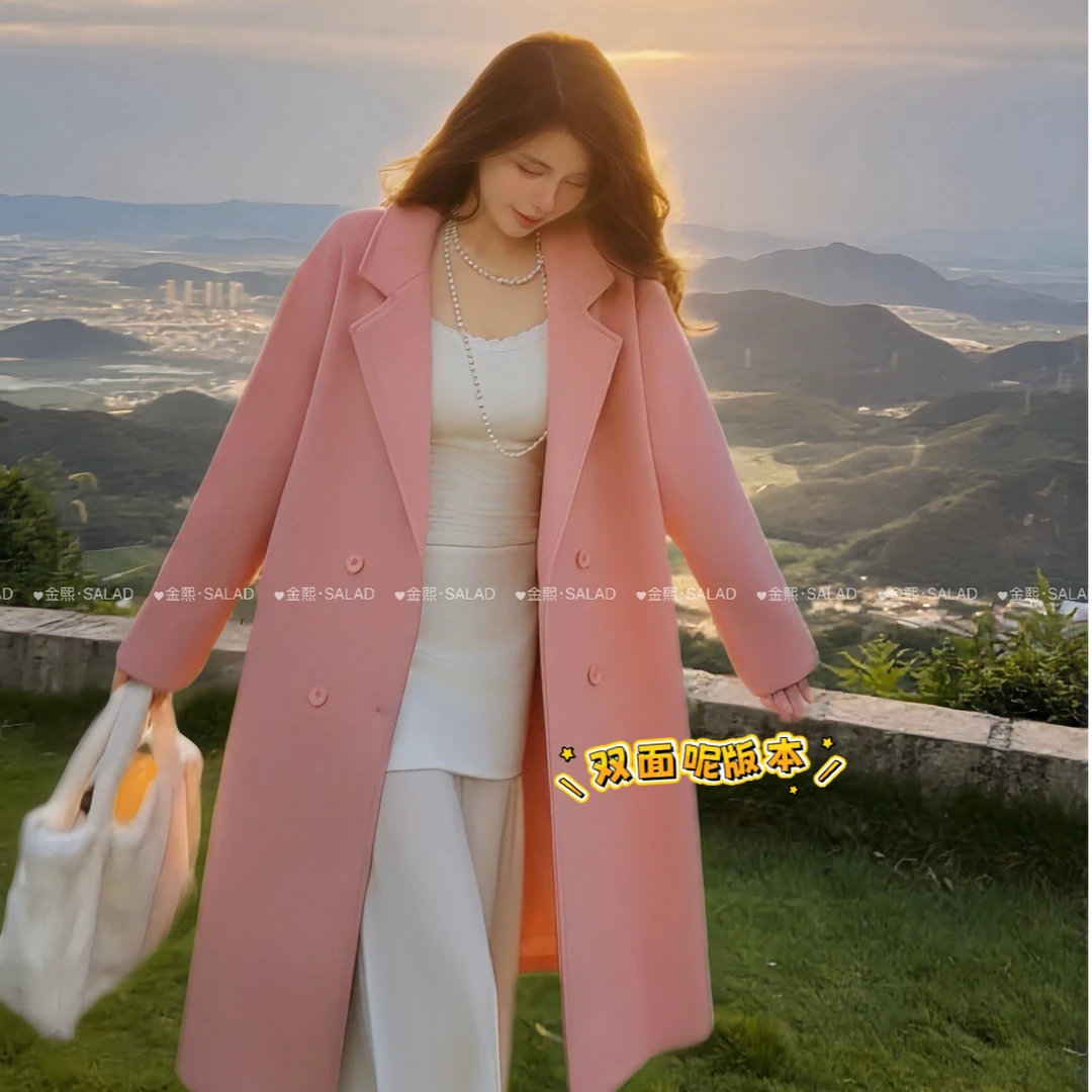 金熙·SALAD 【心动恋人】粉色韩版宽松小个子双面毛呢大衣
