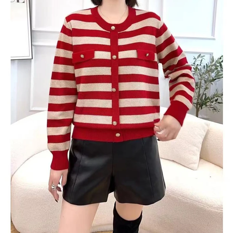 748【红白条纹圆领假开衫】长袖针织衫春秋季新款